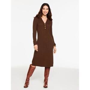 Talbots Walnut Brown Gold Button A Line Cotton Blend Midi Sweater Dress M